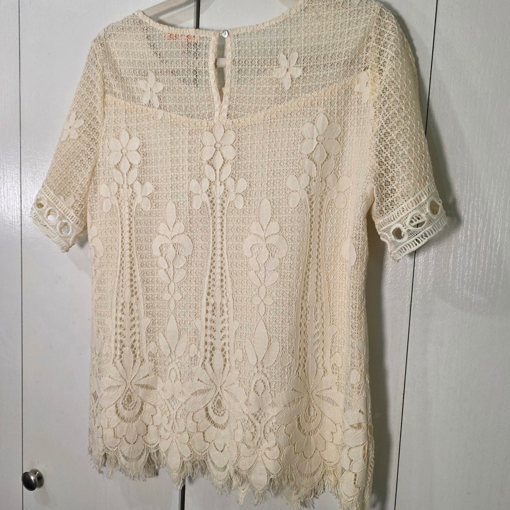 boho cottagecore Lace top Women Size M Cream Floral Scalloped  romantic fairy - Picture 3 of 10